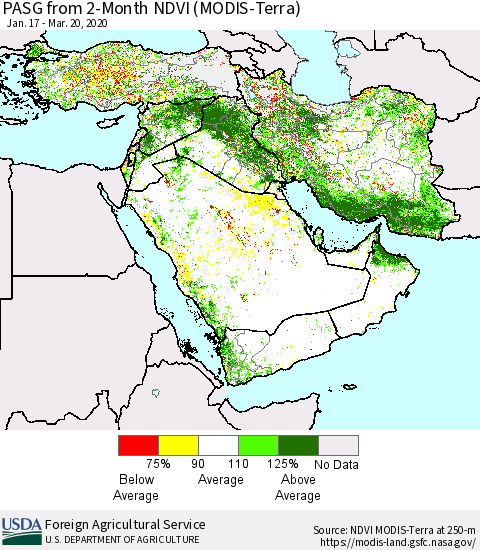 Middle East and Turkey PASG from 2-Month NDVI (Terra-MODIS) Thematic Map For 3/11/2020 - 3/20/2020