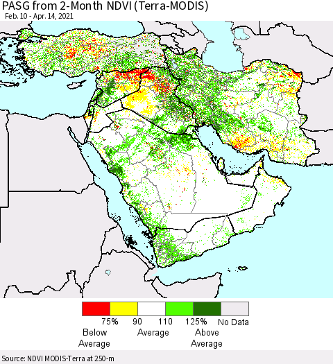 Middle East and Turkey PASG from 2-Month NDVI (Terra-MODIS) Thematic Map For 4/7/2021 - 4/14/2021