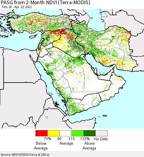 Middle East and Turkey PASG from 2-Month NDVI (Terra-MODIS) Thematic Map For 4/15/2021 - 4/22/2021