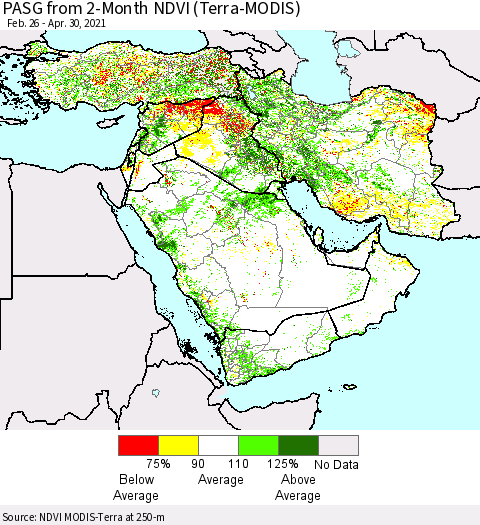 Middle East and Turkey PASG from 2-Month NDVI (Terra-MODIS) Thematic Map For 4/23/2021 - 4/30/2021