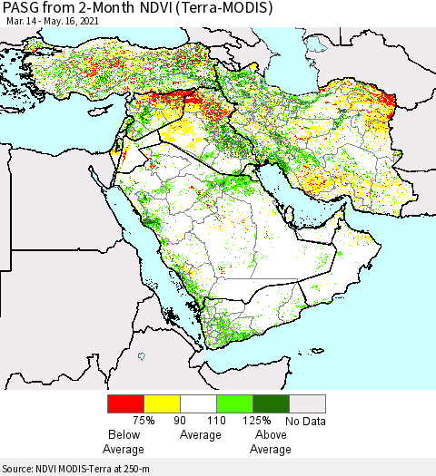 Middle East and Turkey PASG from 2-Month NDVI (Terra-MODIS) Thematic Map For 5/9/2021 - 5/16/2021