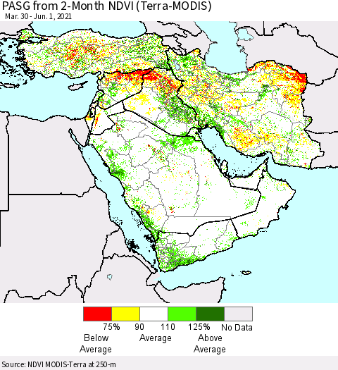 Middle East and Turkey PASG from 2-Month NDVI (Terra-MODIS) Thematic Map For 5/25/2021 - 6/1/2021