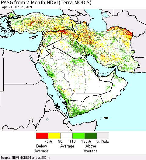Middle East and Turkey PASG from 2-Month NDVI (Terra-MODIS) Thematic Map For 6/18/2021 - 6/25/2021