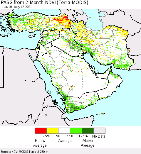 Middle East and Turkey PASG from 2-Month NDVI (Terra-MODIS) Thematic Map For 8/5/2021 - 8/12/2021