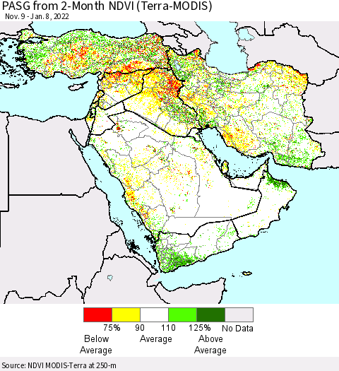 Middle East and Turkey PASG from 2-Month NDVI (Terra-MODIS) Thematic Map For 1/1/2022 - 1/8/2022