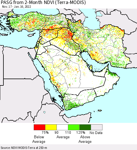 Middle East and Turkey PASG from 2-Month NDVI (Terra-MODIS) Thematic Map For 1/9/2022 - 1/16/2022