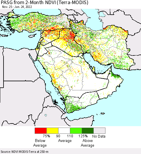 Middle East and Turkey PASG from 2-Month NDVI (Terra-MODIS) Thematic Map For 1/17/2022 - 1/24/2022