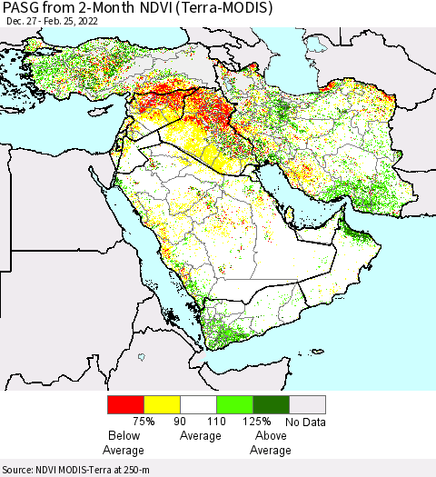 Middle East and Turkey PASG from 2-Month NDVI (Terra-MODIS) Thematic Map For 2/18/2022 - 2/25/2022
