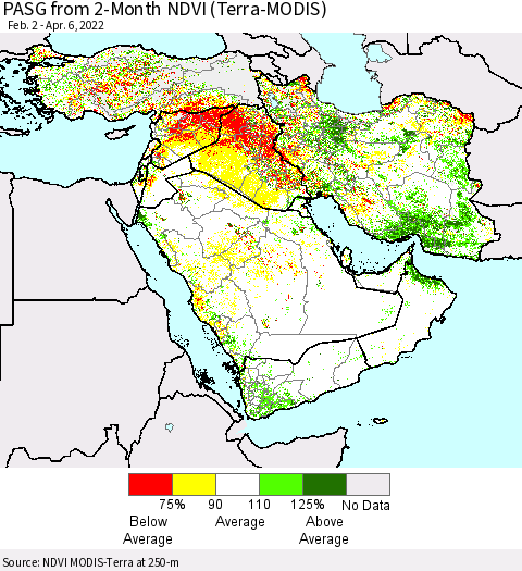 Middle East and Turkey PASG from 2-Month NDVI (Terra-MODIS) Thematic Map For 3/30/2022 - 4/6/2022