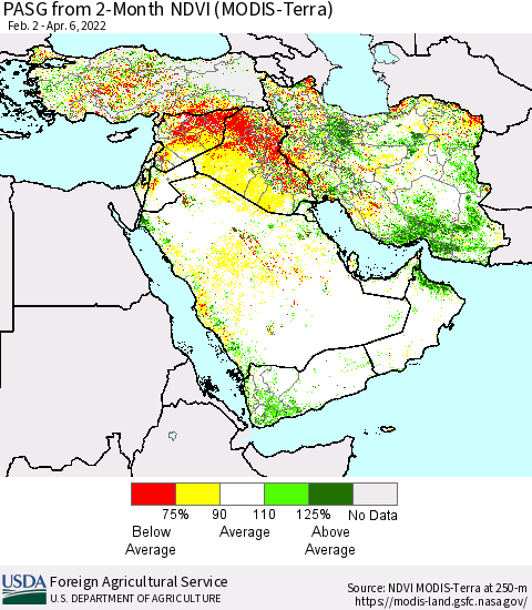 Middle East and Turkey PASG from 2-Month NDVI (Terra-MODIS) Thematic Map For 4/1/2022 - 4/10/2022