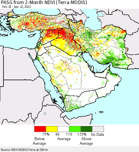 Middle East and Turkey PASG from 2-Month NDVI (Terra-MODIS) Thematic Map For 4/15/2022 - 4/22/2022