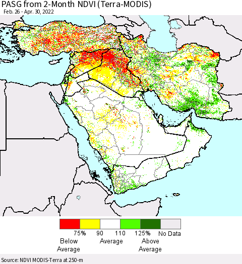 Middle East and Turkey PASG from 2-Month NDVI (Terra-MODIS) Thematic Map For 4/23/2022 - 4/30/2022