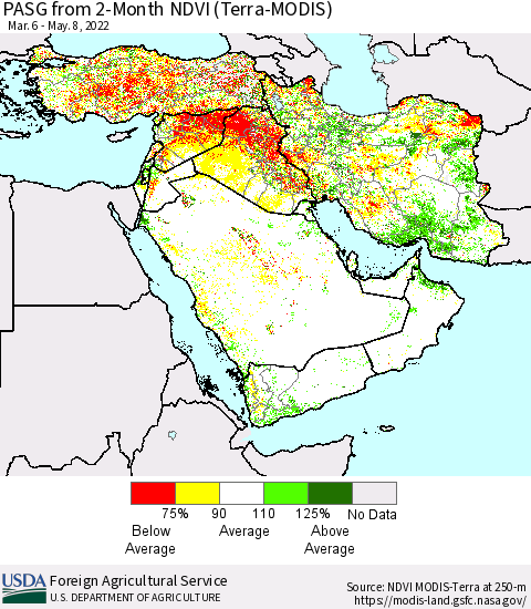 Middle East and Turkey PASG from 2-Month NDVI (Terra-MODIS) Thematic Map For 5/1/2022 - 5/10/2022