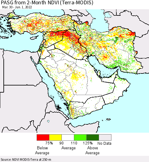 Middle East and Turkey PASG from 2-Month NDVI (Terra-MODIS) Thematic Map For 5/25/2022 - 6/1/2022