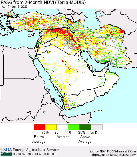 Middle East and Turkey PASG from 2-Month NDVI (Terra-MODIS) Thematic Map For 6/1/2022 - 6/10/2022