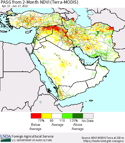 Middle East and Turkey PASG from 2-Month NDVI (Terra-MODIS) Thematic Map For 6/11/2022 - 6/20/2022