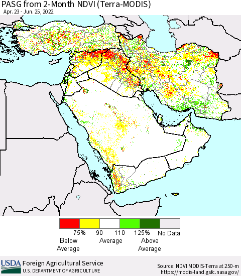 Middle East and Turkey PASG from 2-Month NDVI (Terra-MODIS) Thematic Map For 6/21/2022 - 6/30/2022