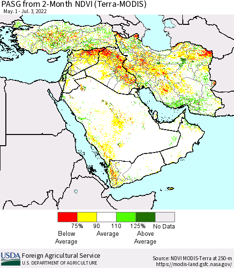 Middle East and Turkey PASG from 2-Month NDVI (Terra-MODIS) Thematic Map For 7/1/2022 - 7/10/2022