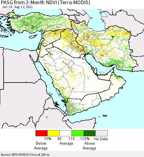 Middle East and Turkey PASG from 2-Month NDVI (Terra-MODIS) Thematic Map For 8/5/2022 - 8/12/2022