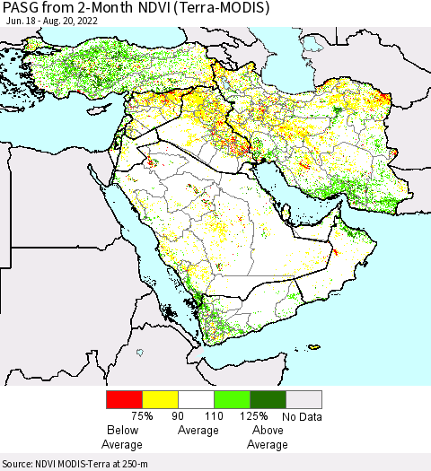 Middle East and Turkey PASG from 2-Month NDVI (Terra-MODIS) Thematic Map For 8/13/2022 - 8/20/2022