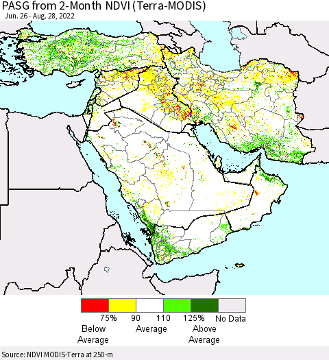 Middle East and Turkey PASG from 2-Month NDVI (Terra-MODIS) Thematic Map For 8/21/2022 - 8/28/2022