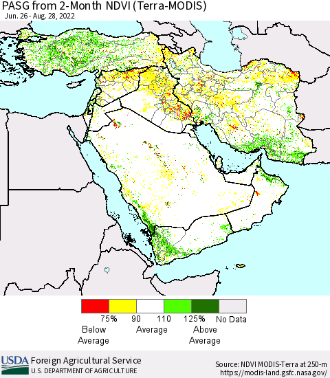 Middle East and Turkey PASG from 2-Month NDVI (Terra-MODIS) Thematic Map For 8/21/2022 - 8/31/2022