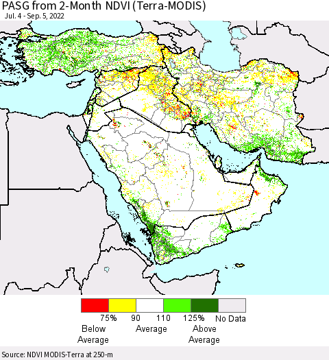 Middle East and Turkey PASG from 2-Month NDVI (Terra-MODIS) Thematic Map For 8/29/2022 - 9/5/2022