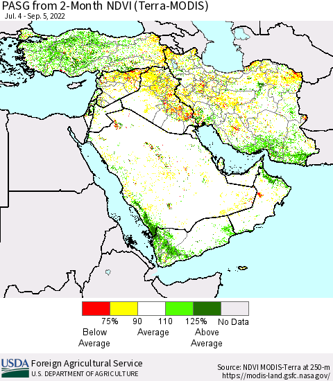 Middle East and Turkey PASG from 2-Month NDVI (Terra-MODIS) Thematic Map For 9/1/2022 - 9/10/2022