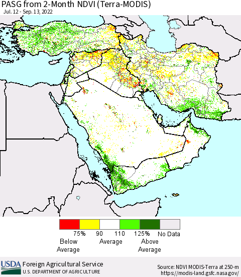 Middle East and Turkey PASG from 2-Month NDVI (Terra-MODIS) Thematic Map For 9/11/2022 - 9/20/2022