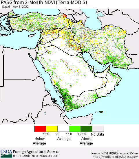 Middle East and Turkey PASG from 2-Month NDVI (Terra-MODIS) Thematic Map For 11/1/2022 - 11/10/2022