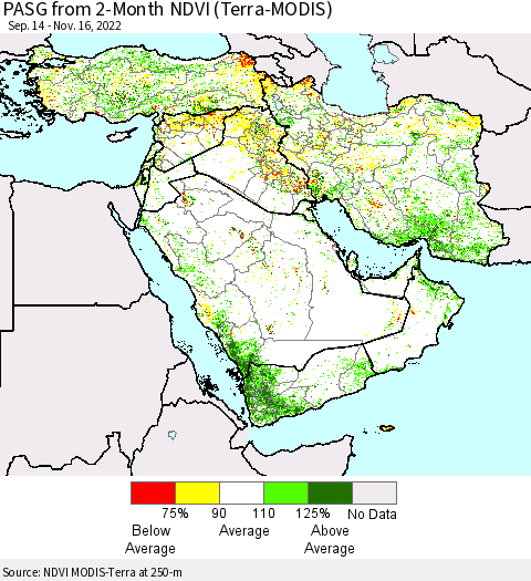 Middle East and Turkey PASG from 2-Month NDVI (Terra-MODIS) Thematic Map For 11/9/2022 - 11/16/2022