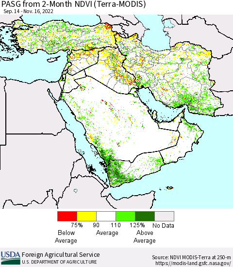 Middle East and Turkey PASG from 2-Month NDVI (Terra-MODIS) Thematic Map For 11/11/2022 - 11/20/2022