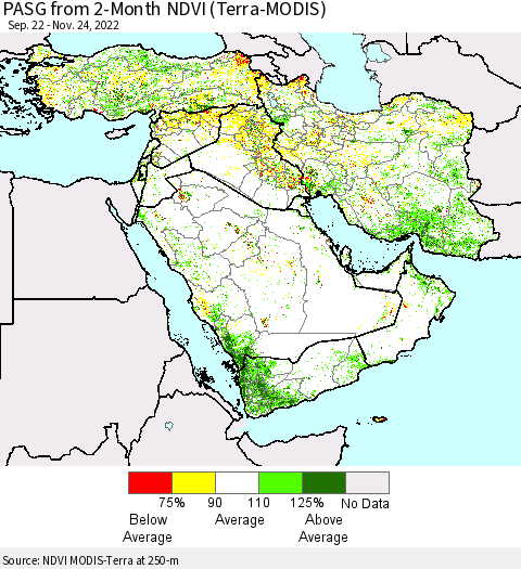 Middle East and Turkey PASG from 2-Month NDVI (Terra-MODIS) Thematic Map For 11/17/2022 - 11/24/2022