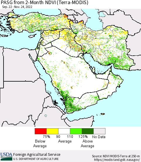 Middle East and Turkey PASG from 2-Month NDVI (Terra-MODIS) Thematic Map For 11/21/2022 - 11/30/2022