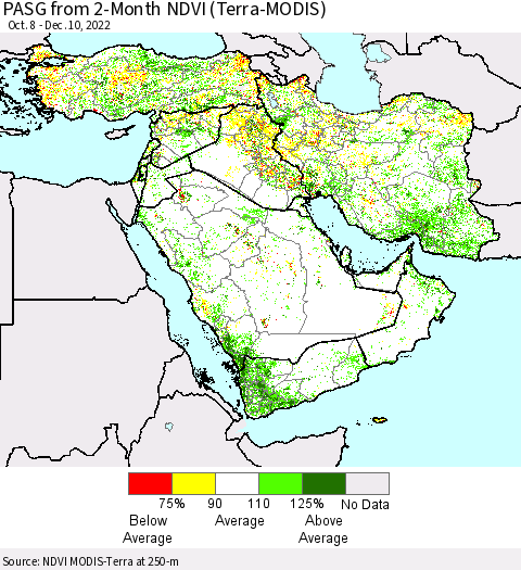 Middle East and Turkey PASG from 2-Month NDVI (Terra-MODIS) Thematic Map For 12/3/2022 - 12/10/2022