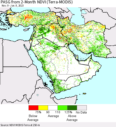 Middle East and Turkey PASG from 2-Month NDVI (Terra-MODIS) Thematic Map For 1/1/2023 - 1/8/2023
