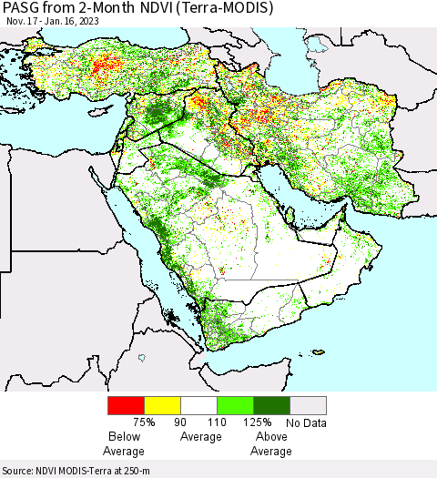 Middle East and Turkey PASG from 2-Month NDVI (Terra-MODIS) Thematic Map For 1/9/2023 - 1/16/2023