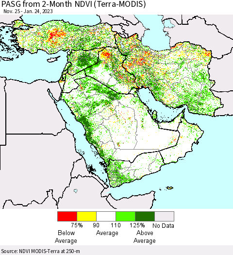 Middle East and Turkey PASG from 2-Month NDVI (Terra-MODIS) Thematic Map For 1/17/2023 - 1/24/2023
