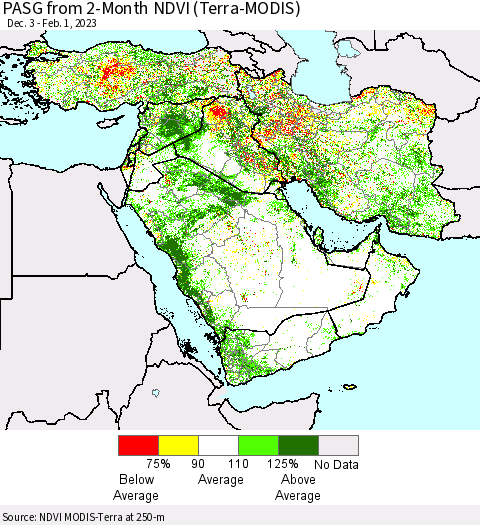 Middle East and Turkey PASG from 2-Month NDVI (Terra-MODIS) Thematic Map For 1/25/2023 - 2/1/2023