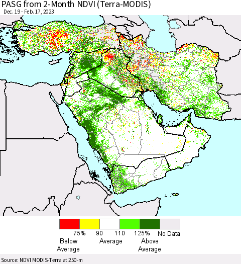 Middle East and Turkey PASG from 2-Month NDVI (Terra-MODIS) Thematic Map For 2/10/2023 - 2/17/2023