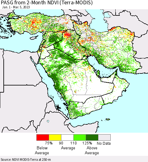 Middle East and Turkey PASG from 2-Month NDVI (Terra-MODIS) Thematic Map For 2/26/2023 - 3/5/2023