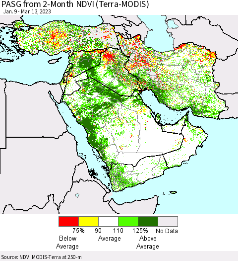 Middle East and Turkey PASG from 2-Month NDVI (Terra-MODIS) Thematic Map For 3/6/2023 - 3/13/2023