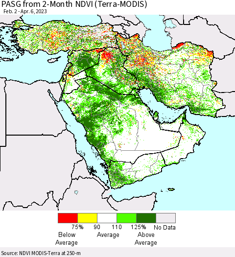 Middle East and Turkey PASG from 2-Month NDVI (Terra-MODIS) Thematic Map For 3/30/2023 - 4/6/2023