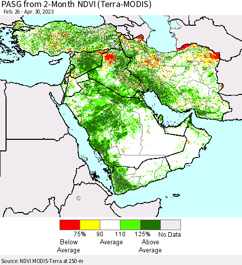 Middle East and Turkey PASG from 2-Month NDVI (Terra-MODIS) Thematic Map For 4/23/2023 - 4/30/2023
