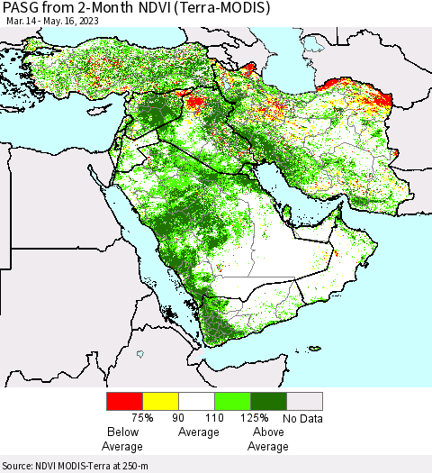 Middle East and Turkey PASG from 2-Month NDVI (Terra-MODIS) Thematic Map For 5/9/2023 - 5/16/2023