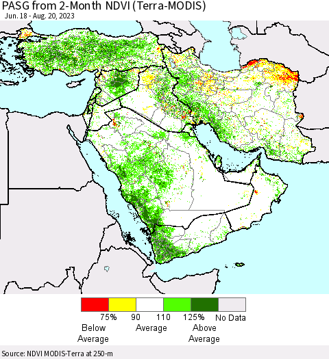 Middle East and Turkey PASG from 2-Month NDVI (Terra-MODIS) Thematic Map For 8/13/2023 - 8/20/2023