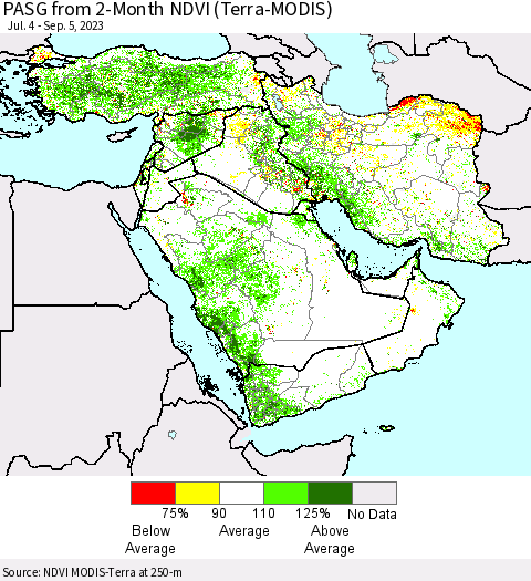 Middle East and Turkey PASG from 2-Month NDVI (Terra-MODIS) Thematic Map For 8/29/2023 - 9/5/2023