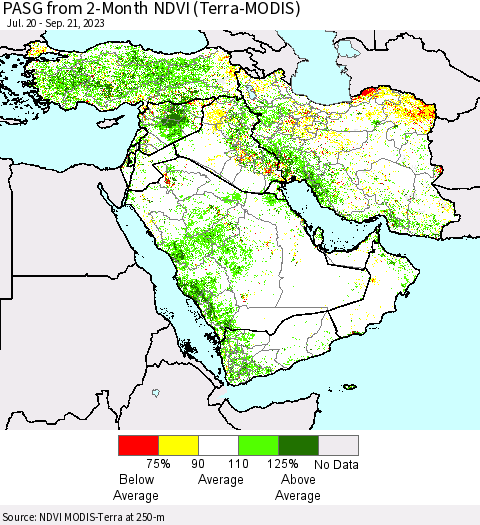 Middle East and Turkey PASG from 2-Month NDVI (Terra-MODIS) Thematic Map For 9/14/2023 - 9/21/2023