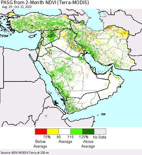 Middle East and Turkey PASG from 2-Month NDVI (Terra-MODIS) Thematic Map For 10/24/2023 - 10/31/2023