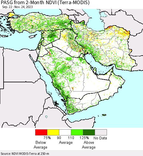 Middle East and Turkey PASG from 2-Month NDVI (Terra-MODIS) Thematic Map For 11/17/2023 - 11/24/2023